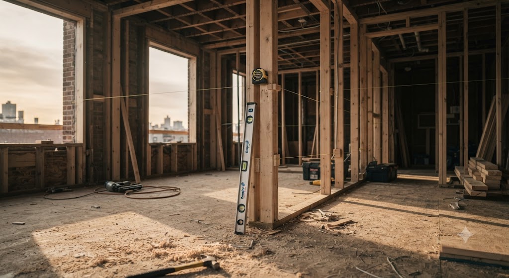 Full framing of a home interior in progress
